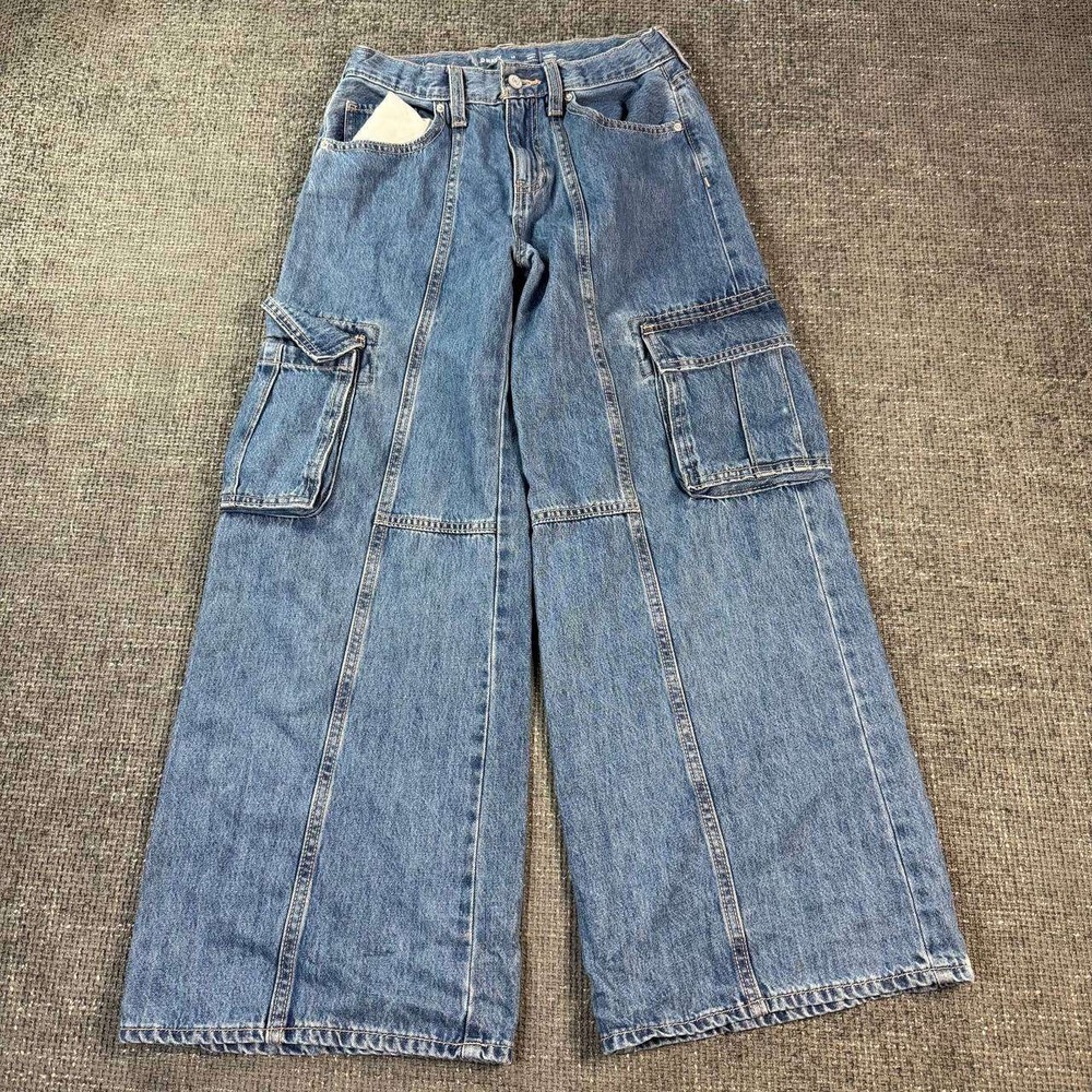 Old Navy High Rise Baggy Cargo Jeans Girls 14 Blue Wide Leg Built-In Tough